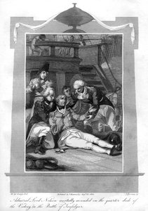 الأدميرال نيلسون ملقى إصابات قاتلة على سطح السفينة HMS Victory ، 1816.