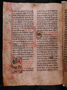 الأحرف الأولى المؤرخة 'S' و 'P' ، من 'Skarosbok' ('The Book of Skard') حوالي عام 1350 (رق) بواسطة المدرسة الآيسلندية