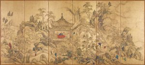 منظر طبيعي بجناح (Roukaku Sansui Zu ، منظر طبيعي مع برج) - الجزء الأيسر من زوج من الشاشات المكونة من ست لوحات بواسطة Ike no Taiga (1723-1776) ، ألوان مائية وحبر على الورق ، حوالي 1750 - الفن الياباني في القرن الثامن عشر ، منظر طبيعي شرقي - طوكيو الوطنية M