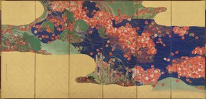 أوراق القيقب على جدول ، شاشة من ست لوحات ، فترة إيدو ، 1856-1858 بواسطة إيكيدا كوسون