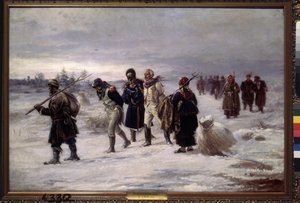 في عام 1812. (الأسرى من جيش نابليون العظيم يسيرون في الثلج ، مرهقين ، برفقة الفلاحين الروس). لوحة إيلاريون ميخائيلوفيتش بريانيشنيكوف (1840-1894) ، زيت على قماش