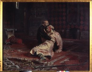 إيفان الرابع الرهيب (1530-1584) يعانق ابنه إيفان إيفانوفيتش (1554-1581) الذي أصيب بجروح قاتلة خلال مشادة ، الجمعة ، 16 نوفمبر ، 1581. لوحة إيليا يفيموفيتش ريبين (إيليا ريبين) (1844-1930) ، زيت على قماش بواسطة Ilya Efimovich Repin