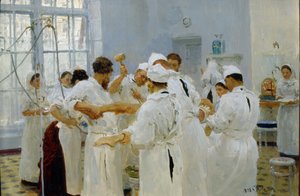 الجراح إيفان بافلوف (1849-1936) في غرفة العمليات (الجراح بافلوف في غرفة العمليات). محاطًا بفريقه الطبي ومساعديه وممرضاته ، يقوم الجراح بإجراء عملية جراحية لمريض مريض. اللوحة إيليا يفيموفيتش ريبين (إيليا ريبين) (1 بواسطة Ilya Efimovich Repin