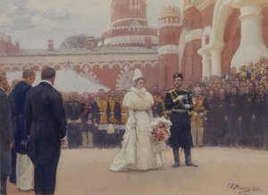 نيكولاس الثاني يستقبل شيوخ المناطق الريفية في 18 مايو 1896 في ساحة قصر بتروفسكي في موسكو ، 1897 بواسطة ايليا افيموفيتش ريبين