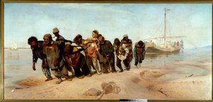 رجال القوارب في نهر الفولغا مجموعة من الرجال (متعهدو النقل) يرسمون قاربًا من الماء في روسيا - رسم إيليا (إيليا) ريبين (1844-1930) ، زيت على قماش.