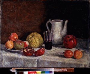 لا تزال الحياة مع الرمان. رسم إيليا إيفانوفيتش مشكوف (إيليا مشكوف ، ماتشكوف) (1881-1944) ، زيت على قماش ، أواخر عام 1930. الفن الروسي في القرن العشرين ، الفن السوفياتي. معرض أ. دينيكا الإقليمي للفنون ، كورسك (روسيا).