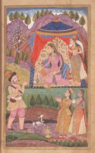 48.62 الورقة 138 فرهاد يروي مغامراته إلى الأميرة شيرين ، من خسرو وشيرين ، مدرسة ديكاني ، 1722 بواسطة المدرسة الهندية