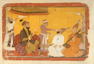 7.110359 غوسين نارايان تسمم بحضور الإمبراطور جهانكير ، نوربور ، مدرسة باهاري ، 1725 بواسطة المدرسة الهندية