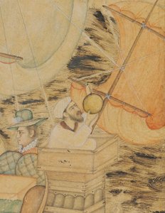 كارافيل هاجمه وحش البحر ، موغال الهند ، حوالي عام 1590 (أصباغ غير شفافة مزينة بالذهب والفضة على الورق) بواسطة المدرسة الهندية