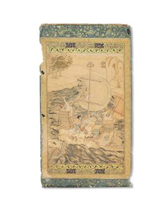 كارافيل هاجمه وحش البحر ، موغال الهند ، حوالي عام 1590 (أصباغ غير شفافة مزينة بالذهب والفضة على الورق) بواسطة المدرسة الهندية