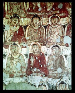 العديد من البوذيين الجالسين ، التفاصيل ، من داخل الكهف 2 (انظر أيضًا 162633) بواسطة المدرسة الهندية