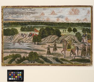 نواب وخدامه في رحلة صيد ، حوالي عام 1780 (ألوان مائية غير شفافة وذهبية على ورق) بواسطة المدرسة الهندية