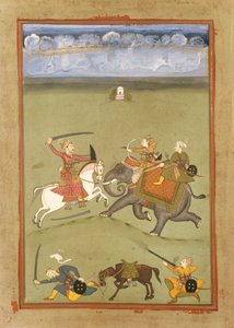 أمير يقاتل أعدائه على فيل ، ج .1710 بواسطة المدرسة الهندية