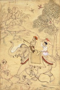 أمير الصيد ، مثبت على فيل ، c.1600-1650 بواسطة المدرسة الهندية