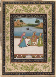 امرأة تُقدم فاكهة على الشرفة ، c.1770 (مرحاض غير شفاف ، ذهب وفضة على ورق) بواسطة المدرسة الهندية