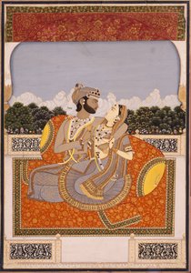 زوجان يحتضنان على شرفة ، c.1835 (مرحاض غير شفاف ، ورنيش ، ذهب وزجاج على ورق) بواسطة المدرسة الهندية