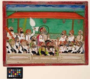 مهرانا يدخن النرجيلة في دوربار ، حوالي عام 1870 (ألوان مائية غير شفافة وذهبية على ورق) بواسطة المدرسة الهندية