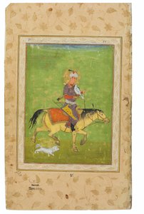 لوحة للإراج على ظهور الخيل مع صقر ، الهند ، الفترة المغولية ، أواخر القرن السادس عشر (أصباغ غير شفافة وذهب على الوصلي) بواسطة المدرسة الهندية