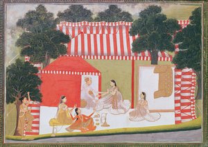 أمير يحاول جذب سيدة إلى خيمته. خادمة والأصدقاء ينظرون على حين غرة ، 1760 (مرحاض غير شفاف على الورق) بواسطة المدرسة الهندية