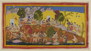 أضف 15296 (1) f.114r ، في الجزء العلوي في الوسط ، يرمي بهاراتا وشاتروغنة نفسيهما عند قدمي راما ، الذي يحتضن إخوته الصغار ويشتمون رائحة الرؤوس. يأخذهم راما في حضنه ويسأل عن رفاههم ورفاهية والدهم ، وح بواسطة المدرسة الهندية
