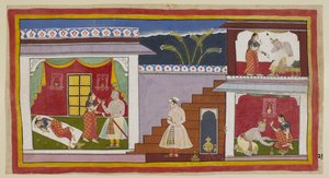أضف 15296 (1) f.24r ، شوهدت كايكي لأول مرة على اليسار وهي نائمة أشعثًا ، كما في الصورة السابقة ، ثم تنهض من سريرها لإقناع زوجها بمنحها النعمتين اللتين كانت داساراتا قد وعدتها بها سابقًا. على اليمين ، Dasaratha هو التنوب بواسطة المدرسة الهندية