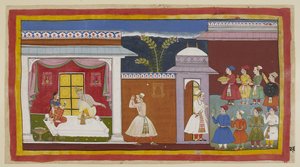 أضف 15296 (1) f.27r ، أخبر فاسيستا سومانترا أن يخبر الملك أن كل شيء جاهز ، وأخبر داساراتا بذلك. أخبره Kaikeyi ، بموافقة Dasaratha الصامت ، أن يجلب راما. خارج مدخل القصر على اليمين ، المواطنون وغيرهم من ملحوظة بواسطة المدرسة الهندية