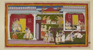 أضف 15296 (1) f.34r ، يقبل راما إبعاده برباطة جأش كاملة ، وأخذ هو ولاكسمانا إجازة من Kaikeyi و Dasaratha ، اللذين لا يستطيعان النظر إلى ابنه برأسه المنكسرة والنظرة المتجنبة. غادر هو ولاكسمانا قصر Kaikeyi و g بواسطة المدرسة الهندية