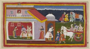 أضف 15296 (1) f.41r ، بعد أن أقنع أخيه أخيًا والدته أخيرًا بقبول مصيره بهدوء ، عاد راما ولاكسمانا إلى قصره في العربة ، انحنى رأس راما في تواضعه المعتاد. التقى بهم سيتا ، الذي اعتنقه لأول مرة من أنت بواسطة المدرسة الهندية