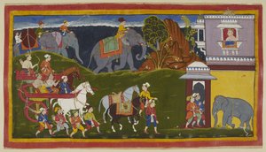 أضف 15296 (1) f.4r ، Bharata ، Shatrughna وعمهم ، جنبًا إلى جنب مع الخدم وخيول ركوب يقودهما ، مع الأفيال المحملة وراء خط الأفق ، يصلون إلى قصر ملك Kekaya ، جد أم بهاراتا ، الذي ينتظرهم يبحث بواسطة المدرسة الهندية