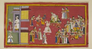 أضف 15296 (1) ص 50 ، كان Dasaratha قد أمر سومانترا سابقًا باستدعاء ملكاته وجميع زوجاته ، الذين يحيطون الآن بالملك عندما تجلب سومانترا المنفيين لتوديعهم. يحاول Dasaratha إقناع Rama بعدم الذهاب إلى الغابة ، حتى إلى r بواسطة المدرسة الهندية