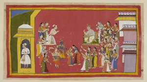 أضف 15296 (1) f.51r ، حاول الآخرون التفكير مع Kaikeyi دون جدوى ، ولا تزال حازمة. وقد حث داساراتا راما على التأجيل لبعض الوقت ، لكنه مصمم على عدم تأجيل رحيله بعد الآن. كل ما يأخذه معه يكون ثياباً منه بواسطة المدرسة الهندية
