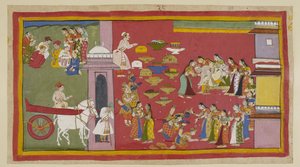 أضف 15296 (1) f.53r ، إلى اليمين ، عندما رأى أبنائه وسيتا يرتدون أردية من اللحاء ، يفقد داساراتا وعيه ويسقط من العرش. المنفيين الثلاثة يركعون أمام الملكات. Kausalya احتضنت سيتا ، الذي يذكرها دون داعٍ بأن أولادها بواسطة المدرسة الهندية