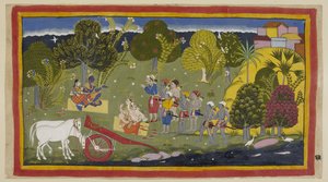 أضف 15296 (1) f.63r ، وصل الرفاق إلى نهر جانجا في سرينغافيرابورا راما وجلس سيتا على حصيرة من القش تحت شجرة ، من المفترض أن تكون شجرة إنجودي ، بينما لاكسمانا وسومانترا يجلسان بالمثل في مواجهتهم. كانت الخيول unhar بواسطة المدرسة الهندية