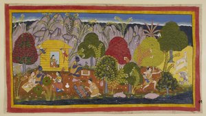 أضف 15296 (1) f.71r ، قبل اتخاذ مسكنهم في الكوخ ، يجب تقديم القرابين للآلهة الرئيسية. تصطاد لاكسمانا الغزلان على اليمين وتعود إلى الكوخ لطهيها ؛ يقدم راما جزءًا منه كتضحية. ثم يأكل الأخوان ، بينما بواسطة المدرسة الهندية