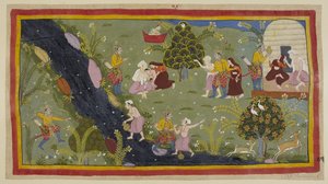 أضف 15296 (1) f.79r ، يخبر Dasaratha الملكات عن الحادث الذي وقع في شبابه عندما قتل ابنًا حكيمًا عن طريق الخطأ أثناء الصيد. على اليسار ، Dasaratha صوب قوسه بالخطأ من خلال الأشجار نحو الشاب ، الذي يملأ إبريق الماء الخاص به من جهة أخرى. بواسطة المدرسة الهندية