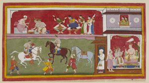 أضف 15296 (1) f.7r ، على اليمين في القصر ، يطلب الأمراء من الملك معلمي الدين والفنون والعلوم ، بينما فوق سيدتين في نافذة jharokha المفروشة بالسجاد ، تنظر إلى الأسفل على اليسار أثناء ممارستهم لها. الفروسية على أرض التمرين. بواسطة المدرسة الهندية