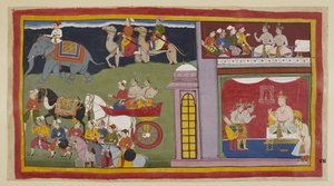 أضف 15296 (1) ص 84 ، الرسل ، في الغرفة العلوية ، يطلبون من الأمراء العودة إلى أيوديا. أسفل غرفة العرش ، يرتدون ملابس الرحلة ، يودع الأمراء الملك كايكي وابنه يودها جيت. يجلسون في عربة مع م بواسطة المدرسة الهندية