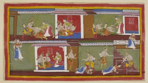 أضف 15296 (1) f.89r ، في الجزء العلوي على اليمين ، Bharata و Shatrughna يحييان Kaikeyi ، التي تأخذهم في حجرها ، ويتحدثون عن الأحداث الأخيرة. يقع بهاراتا مغمى عليه عندما يسمع عن وفاة والده وما فعلته والدته لتأمين h بواسطة المدرسة الهندية