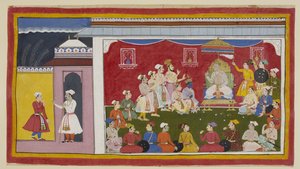 أضف 15296 (1) f.8r ، يجلس Dasaratha على عرشه في دوربار كامل ، مع ركوع راما ولاكسمانا بجانبه ، بينما يخبر الرسول الذي أرسله بهاراتا من بلاط جده سيتاي كينج كيف يدرس ابناه الآخران بجد. خاتم ج بواسطة المدرسة الهندية