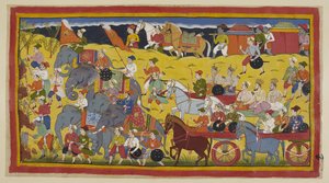أضف 15296 (1) ص .97 و ، انطلق الأمراء مع معلميهم ووزرائهم وجيشهم إلى الغابة ، متقدمين برجال يقطعون الأشجار ليصنعوا طريقًا وبواسطة الأفيال الملكية. ينقل بطنان الملكات ، يسبقهما حصانان يقودان ركوب الخيل. بواسطة المدرسة الهندية