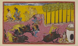 أضف 15296 (2) f.12r ، سوغريفا وقروده ، الظاهرة في الجزء العلوي على اليسار ، يواصلون إخبار راما ولاكسمانا قصة با لي ودوندوبهي. كان با لي قوياً لدرجة أنه كان قادراً على تمزيق طرف الشيطان من طرفه ثم رمي الجثة في الهواء. يو بواسطة المدرسة الهندية