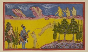 أضف 15296 (2) f.3r ، سوجريفا خائف في البداية ، معتقدًا أن هؤلاء المحاربين المسلحين قد أرسلهم أخوه المغتصب با لي لتدميره. يرسل وزيره الحكيم هانومان لمعرفة المزيد عن الغريبين. يقدم هانومان نفسه بواسطة المدرسة الهندية