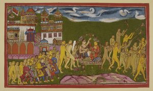 أضف 15296 (2) f.43r ، يتم نقل Sugriva و Laksmana في فضلات ذهبية ، تحملها القرود ، من Kiskindha بواسطة المدرسة الهندية