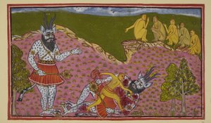 أضف 15296 (2) ص. 59 و ، القرود التي اتجهت جنوبًا ، بما في ذلك هانومان وأنجادا ، صادفت أسورا ضخمة (شيطان) ، زرقاء ومتقشرة ، لها قرون وصولجان. يعتقد أنغادا أنه رافانا ، ويطرحه على الأرض ويفككه ، بينما تتغذى القرود الأخرى بواسطة المدرسة الهندية
