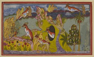 أضف 15296 (2) ص 68 و ، قردة أن تموت من خلال تجويع نفسها حتى الموت على شواطئ المحيط الجنوبي بدلاً من العودة لمواجهة غضب ملكهم. تم رؤيتهم من قبل النسر عديم الأجنحة سامباتي ، شقيق الملك النسر جاتايو ، الذي بواسطة المدرسة الهندية