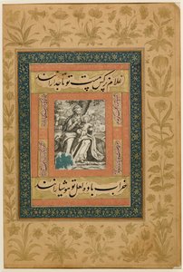 يضيف. أو. MS 3129 f.43r نقش أوروبي للعذراء والطفل يستريحان أثناء الرحلة إلى مصر ، رسم توضيحي من ألبوم "Dara Shikoh" ، حوالي 1640 (نقش بالألوان والغواش والذهب على ورق) بواسطة المدرسة الهندية