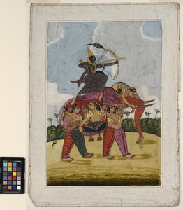 كان الفيل ، المركب ، المكون من نساء راقصات بمثابة جبل لرامي السهام ، حوالي عام 1825 (ألوان مائية غير شفافة وذهبية على ورق) بواسطة المدرسة الهندية