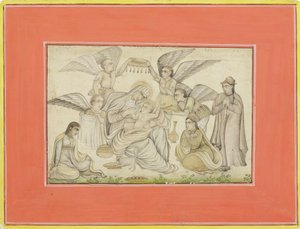الملائكة يحضرون مريم ويسوع ، c.1665 (مرحاض غير شفاف وذهب على ورق) بواسطة المدرسة الهندية