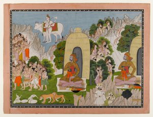 Arjunas Penance ، مشهد من سلسلة Mahabharata ، c.1825-40 (مرحاض وذهب على ورق) بواسطة المدرسة الهندية