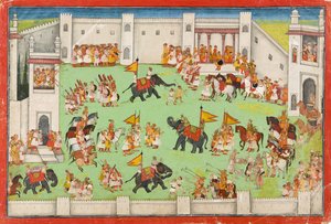 وصول العريس إلى القصر ، ورقة من رامايانا ، 1640-1650 بواسطة المدرسة الهندية